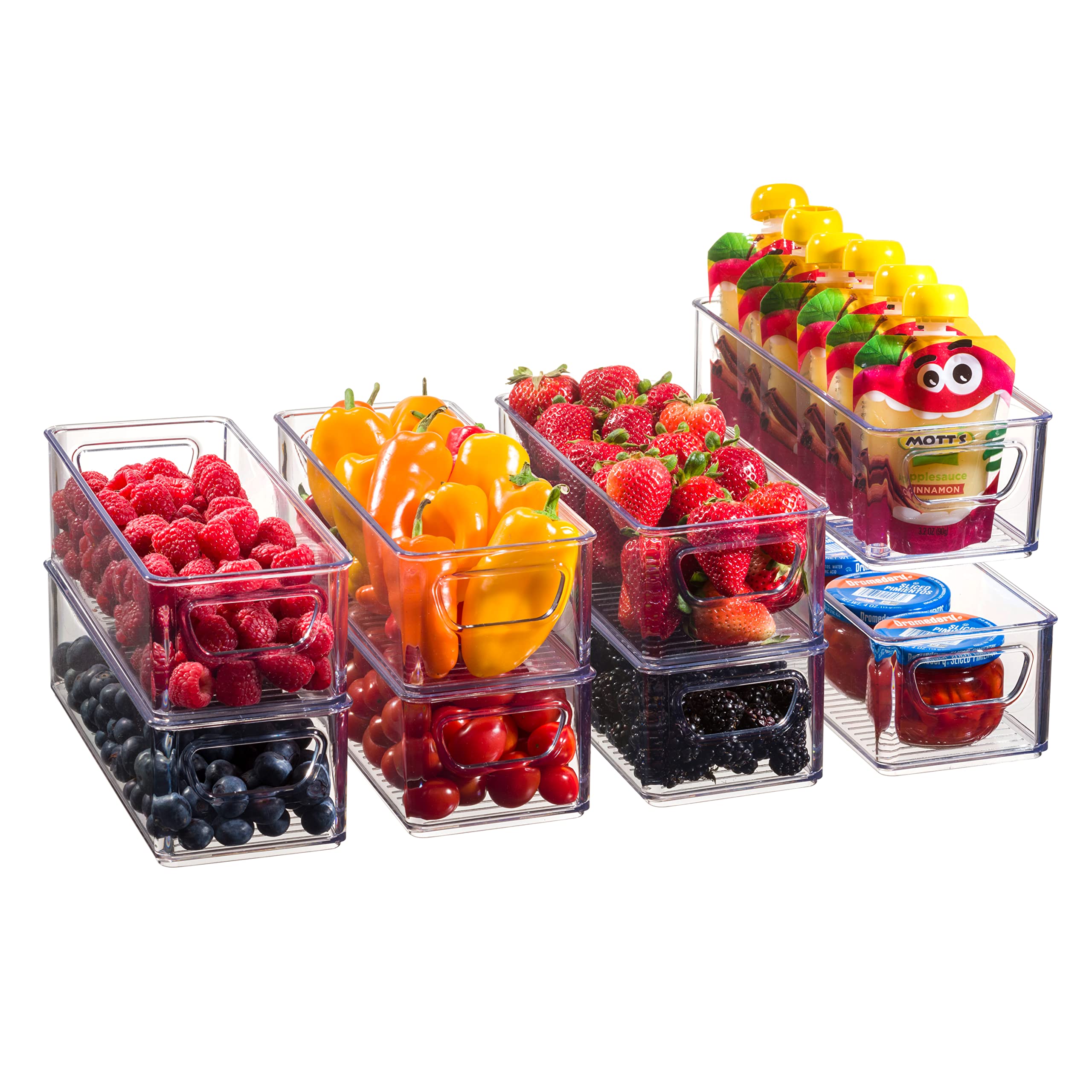 8-Pack Stackable Refrigerator Organizer Bins with Handles - Clear Plastic Food Storage Containers for Fridge, Freezer, Pantry & Kitchen Cabinets - Perfect for Organizing Fruits, Vegetables, Snacks and Leftovers
