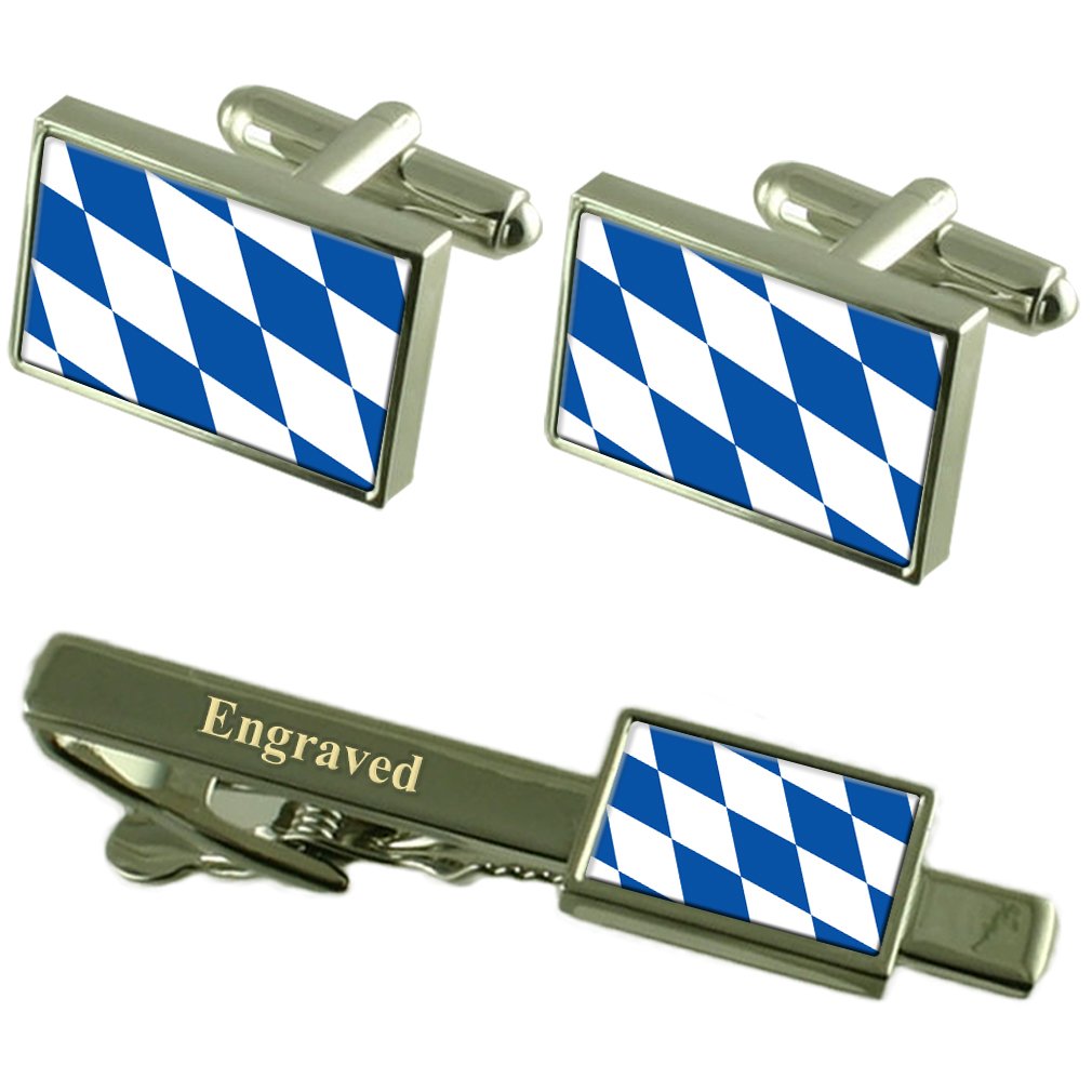 Free State of Bavaria Flag Cufflinks & Engraved Tie Clip Set in Gift Box - Perfect for Oktoberfest, German Heritage Events & Formal Occasions