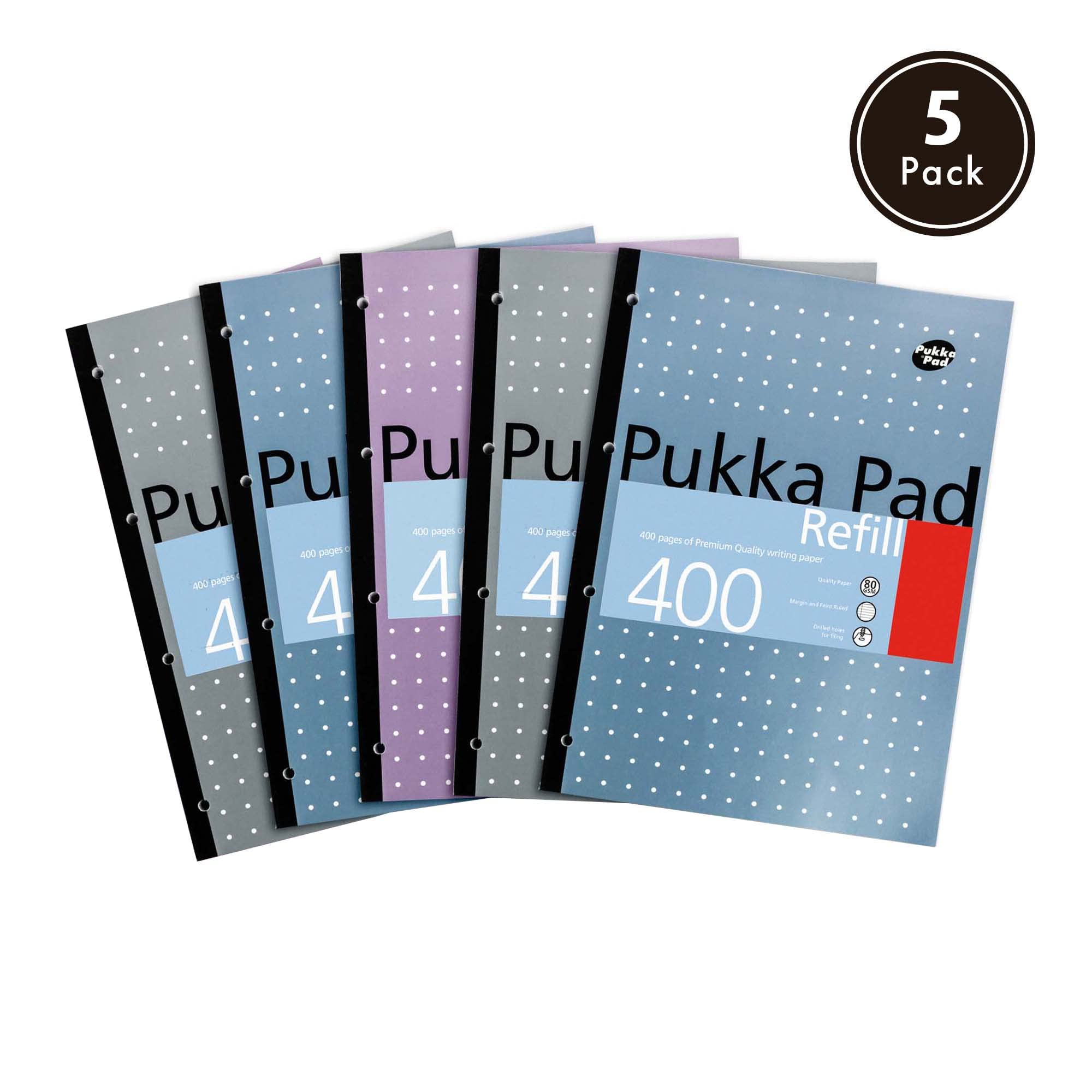 Pukka Pad A4 Refillable Notepad 5-Pack - 400 Pages 80GSM Paper with 4-Hole Punch & Feint Ruled Lines - 29.7x21cm (Blue,White,Pink,Silver) - Perfect for School, Office & Note Taking