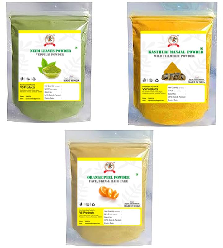 VS Products Neem Leaves Powder, Orange Peel Powder & Kasthuri Manjal Combo - 300g (100g Each) for Glowing Skin, Acne Treatment & Hair Growth | Natural Face Mask, Ayurvedic Skin Care & Scalp Treatment | DIY Beauty Routine & Spa Day Essentials