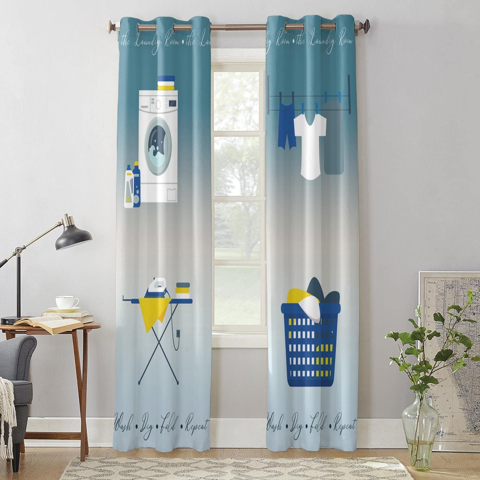 3D Printed Blue Laundry Iron Washing Machine Pattern Blackout Curtains - Thermal Insulated Eyelet Window Treatments for Kids Bedroom (63