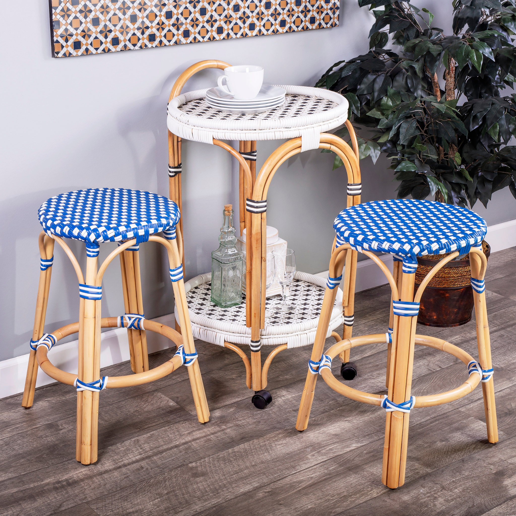 Blue and White Rattan Frame Counter Stool - 24