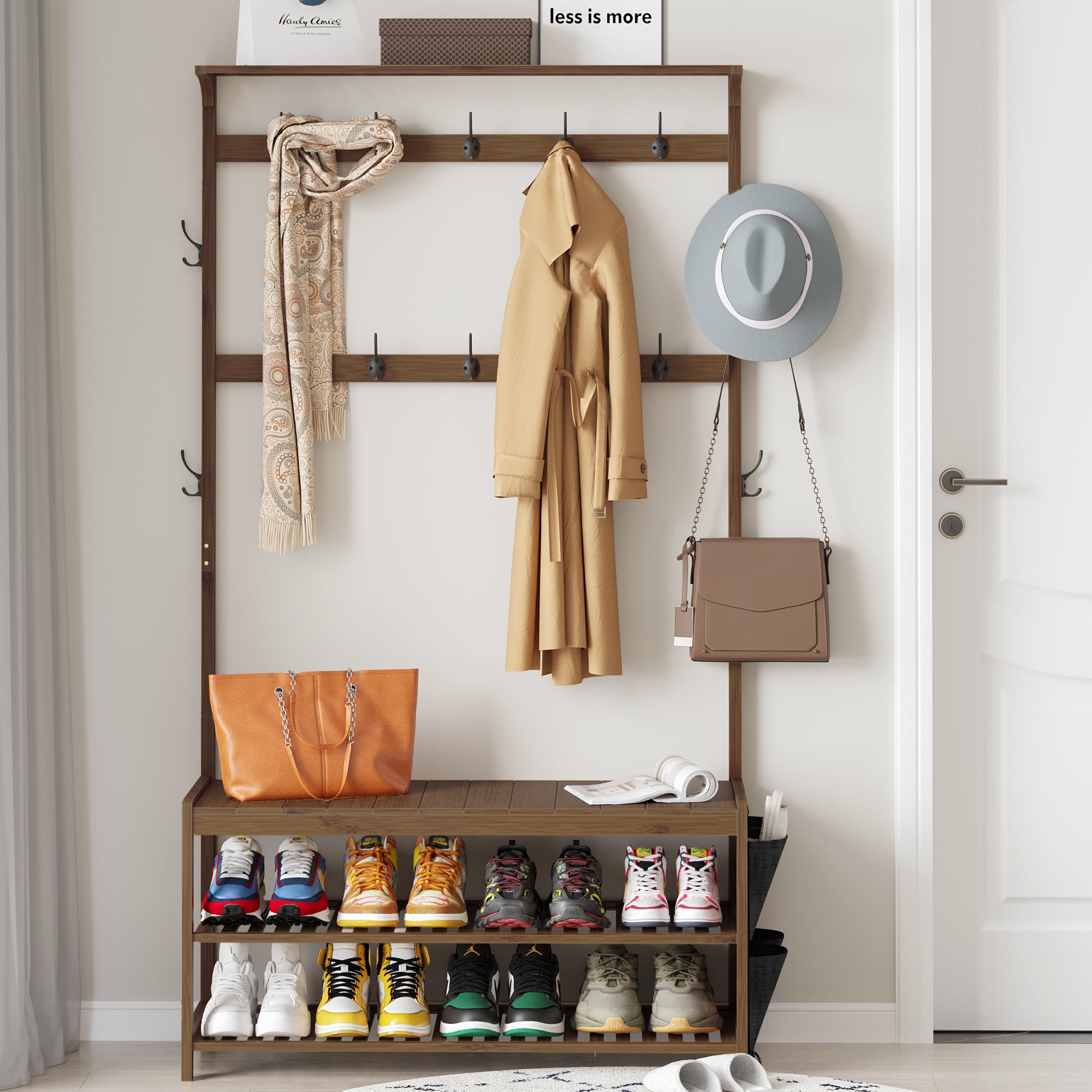 AMBIRD 6-in-1 Hall Tree with Bench, Shoe Storage & Coat Rack - Sturdy Bamboo Entryway Organizer with 14 Hooks & Cloth Bag, Large Size (39