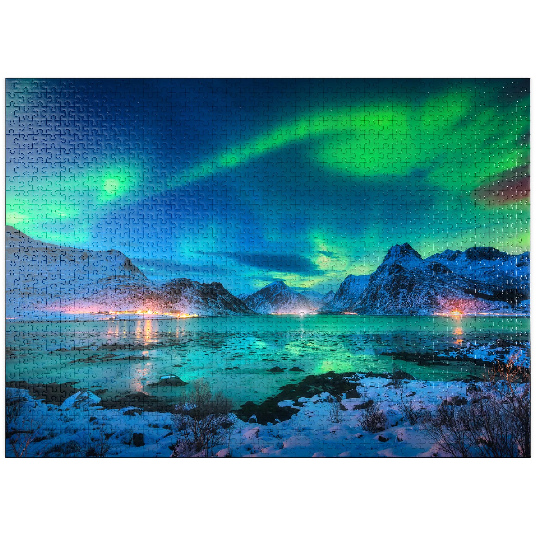 Aurora Borealis Over Sea Coast 1000-Piece Jigsaw Puzzle - Northern Lights Night Scene of Lofoten Islands Norway - Premium Adult Puzzle for Relaxation & Home Decor