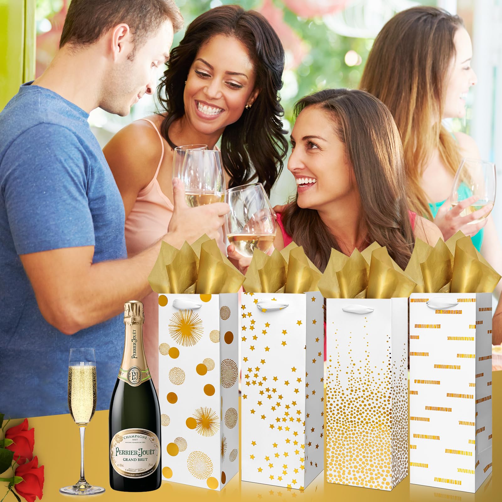 Premium Carnation Wine Bags - 12 Pack Elegant Gold Foil Wine Bottle Gift Bags for Weddings, Holidays & Special Occasions (14 Inch, Luxury Gold) - Perfect for Gifting, Party Favors & Hostess Gifts