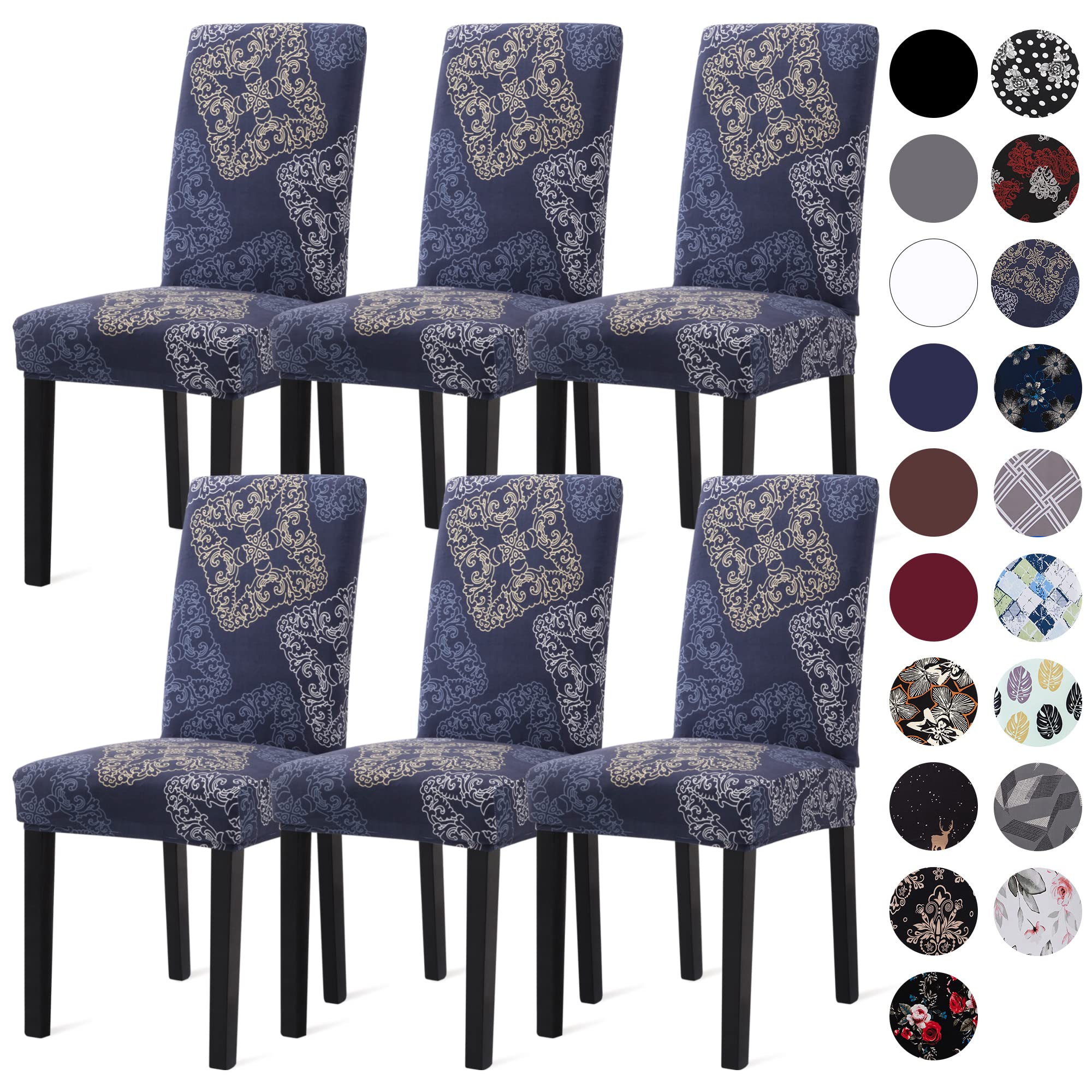 Stretch Spandex Dining Chair Covers Set of 6 - Blue Geometric Pattern Slipcovers for Kitchen, Parsons & Dining Room Chairs | Washable Chair Protectors for Home, Restaurant & Office Use