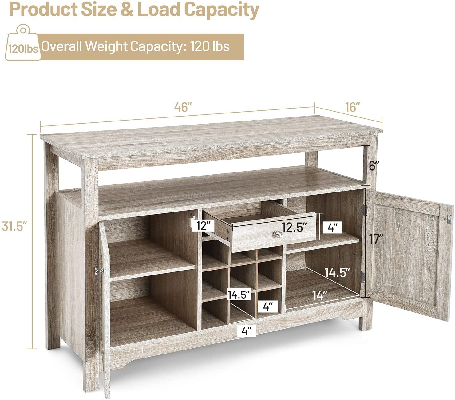 BANGTANE Buffet Kitchen Sideboard - Wooden Console Table with 2 Cabinets, Drawer, Wine Rack & Open Shelf | Storage Organizer for Living Room & Dining Room | Perfect for Home Decor & Entertaining Guests (Grey)