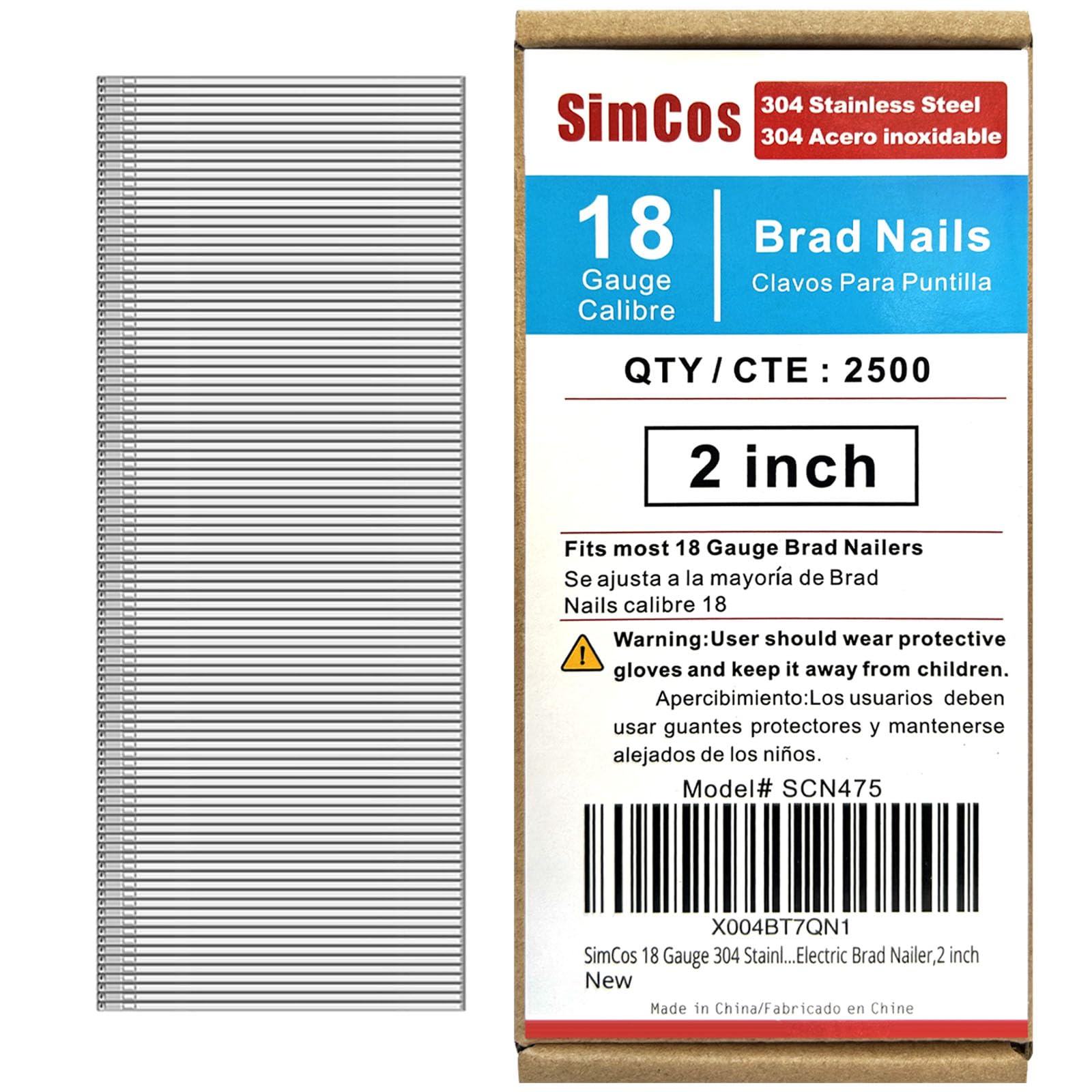 18 Gauge 304 Stainless Steel Brad Nails - 2 Inch 18GA Nails for Pneumatic & Electric Nail Guns - Rust-Resistant Finishing Nails for Woodworking, Trim Work, Cabinetry and DIY Home Projects
