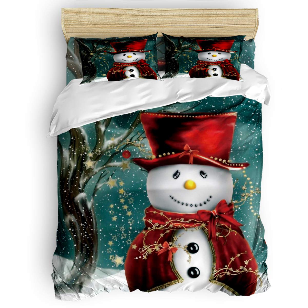 King Size Duvet Cover Set - 4pc Microfiber Christmas Bedding with Snowman Design, Zipper Closure (Comforter Cover + Fitted Sheet + 2 Pillowcases) - Perfect for Holiday Decor & Cozy Winter Nights