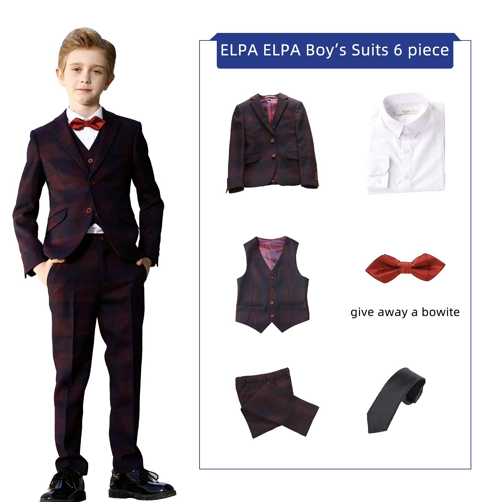 ELPA Boys 7-Piece Plaid Suit Set - Slim Fit Formal Wear for Little Kids & Big Youth - Perfect for Weddings, Parties, and Special Occasions