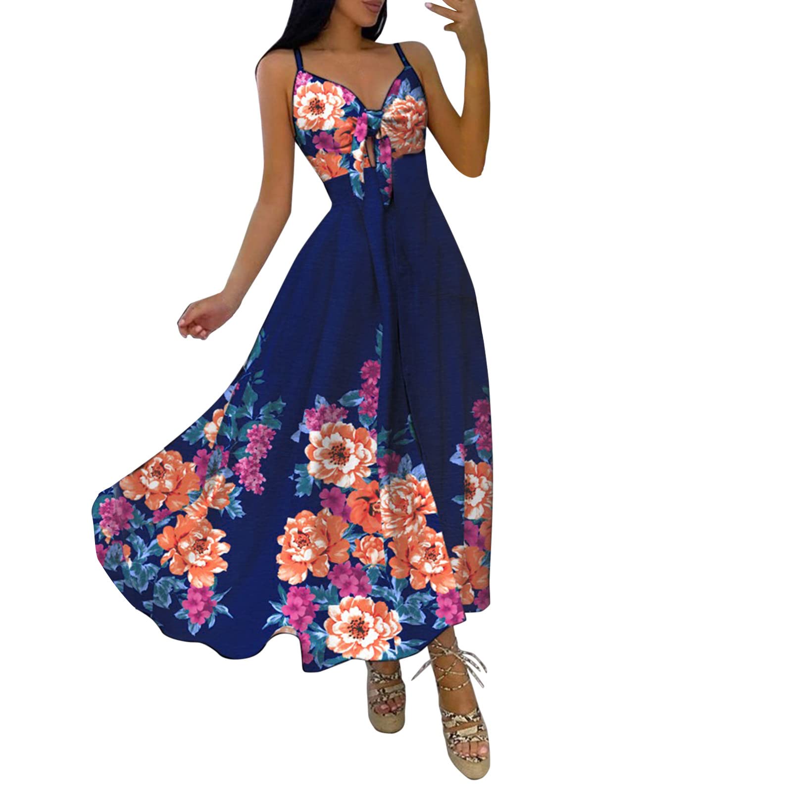 Women's Floral Print V-Neck Sleeveless Summer Dress - Casual Pullover Tied Waist Short Black Dress for Beach, Vacation & Daily Wear