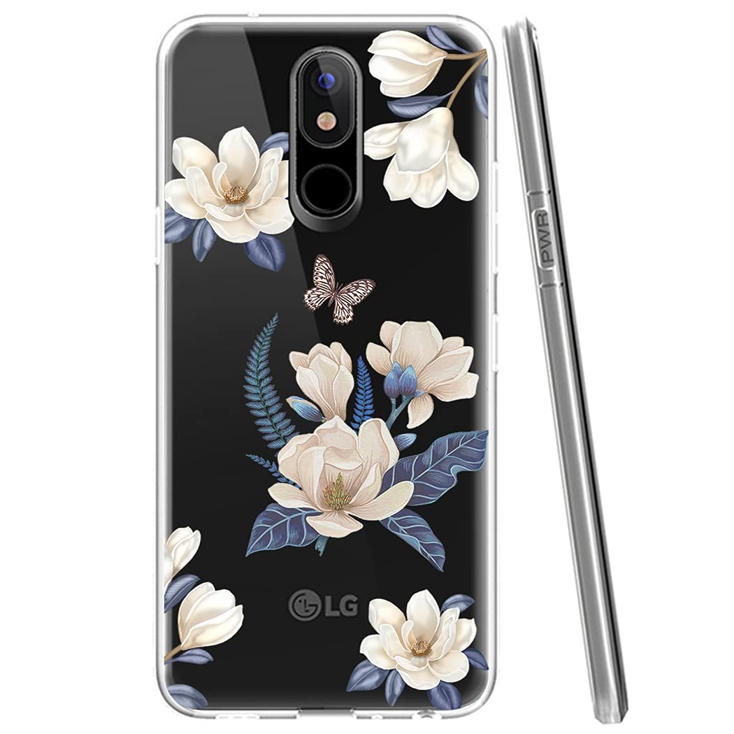 LG K40/K12 Plus/X4 2019/Solo LTE/Harmony 3/Xpression Plus 2 Phone Case - Clear Slim Shockproof Soft TPU Rubber Protective Cover with Floral Design for Women & Girls (White Flower Pattern) - Perfect for Everyday Use, Work, School & Travel Protection