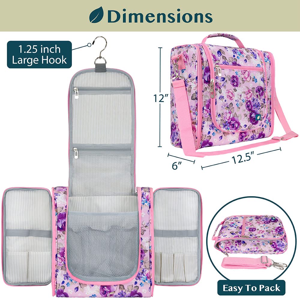 PAVILIA Large Hanging Toiletry Bag - Waterproof Travel Cosmetic Organizer for Women & Men - Floral Pink for Trips & Gyms