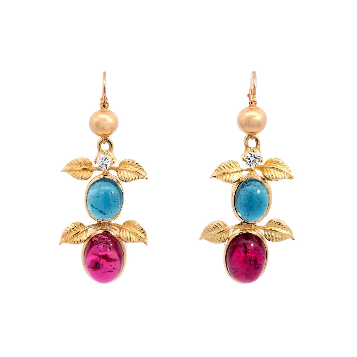18K Gold Tourmaline Rubellite Diamond Foliage Drop Earrings for Women - Elegant Dangle Earrings for Wedding, Party & Special Occasions