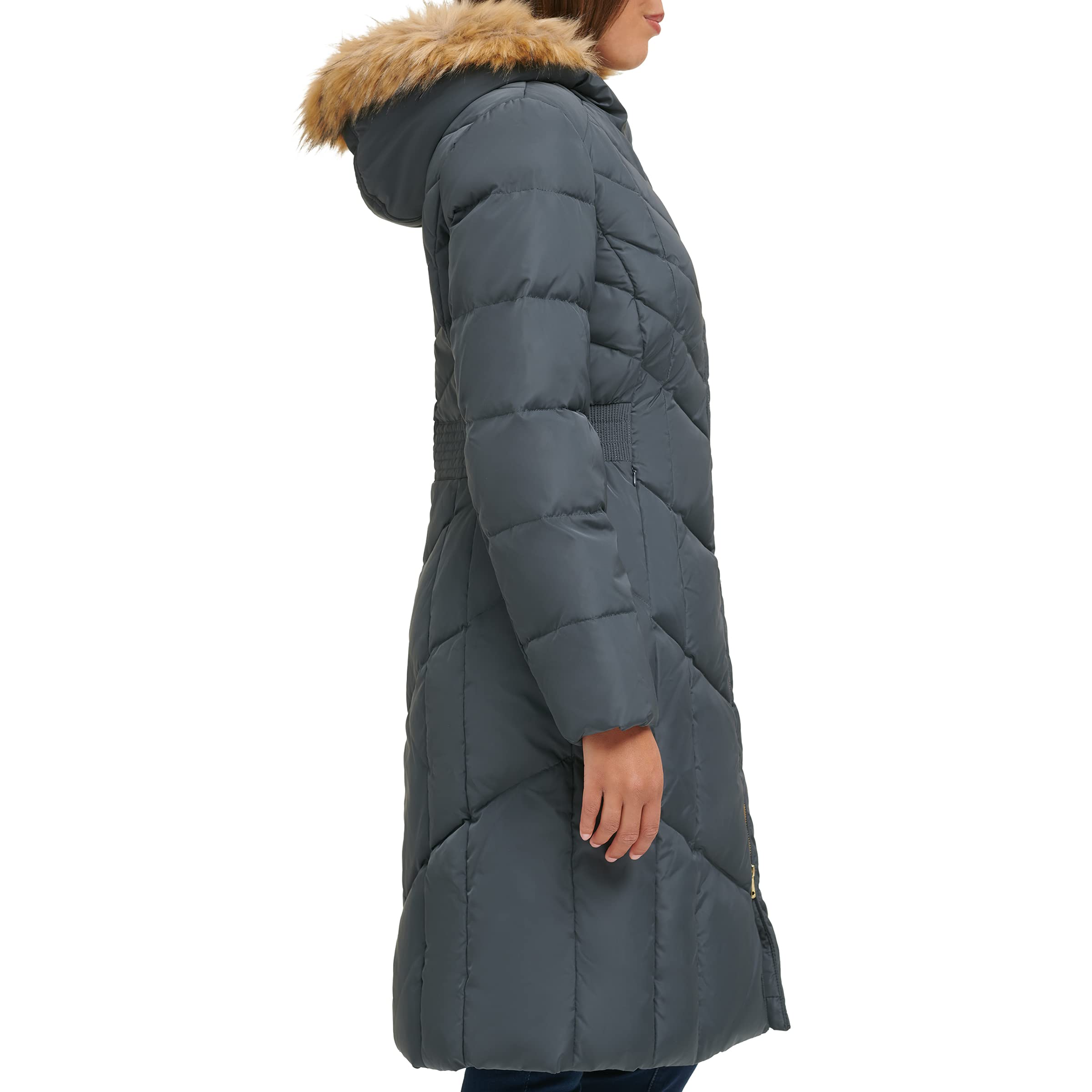 Cole Haan Women's Long Taffeta Down Jacket with Chevron Quilt Pattern - Warm Winter Coat for Outdoor Activities & Casual Wear
