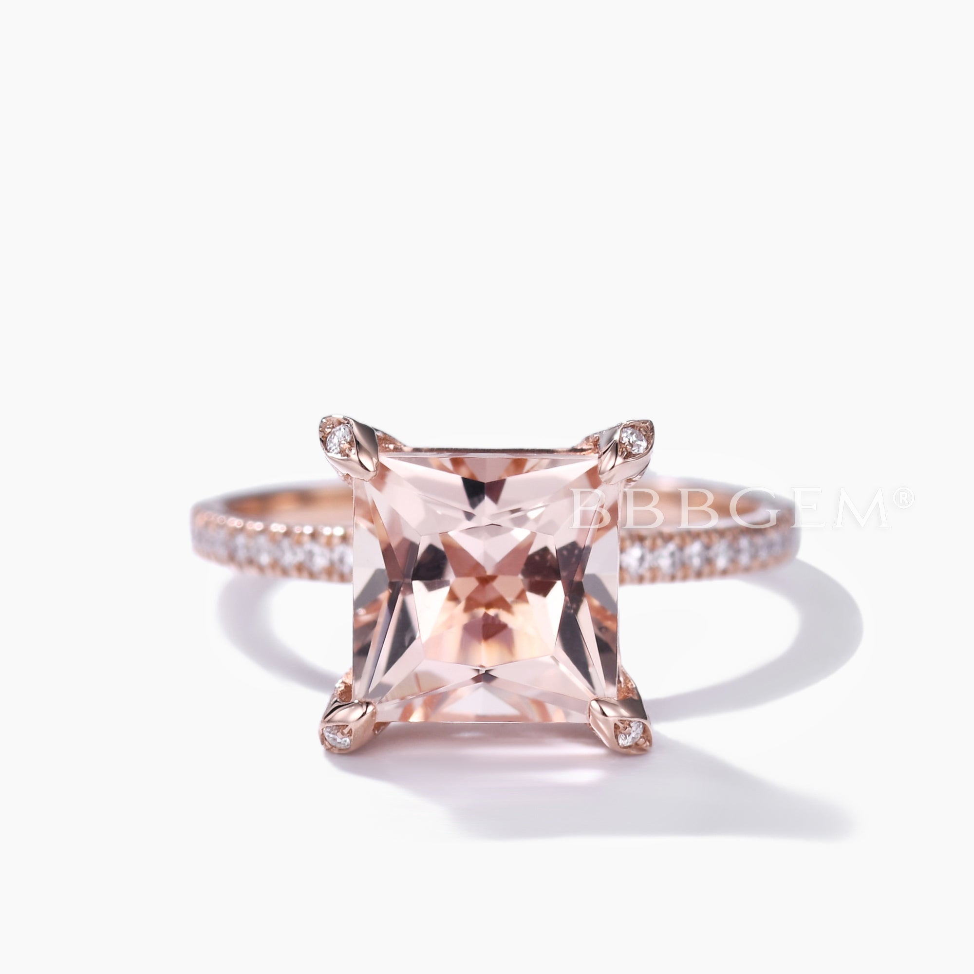Unique Hidden Halo Princess Cut Morganite Diamond Engagement Ring in Rose Gold Basket Setting - Perfect for Proposals, Anniversaries & Romantic Occasions