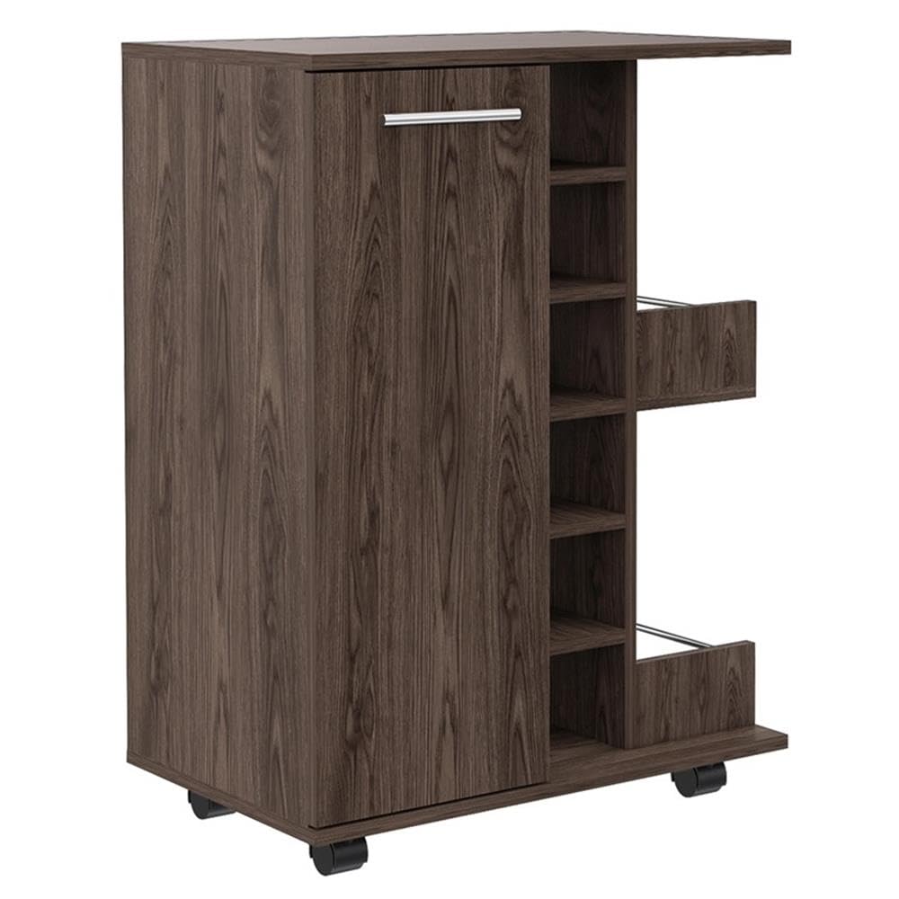 BOWERY HILL Contemporary Bar Cart Cabinet in Weathered Oak - Modern Rolling Drink Cart for Home Bar, Living Room & Outdoor Entertaining