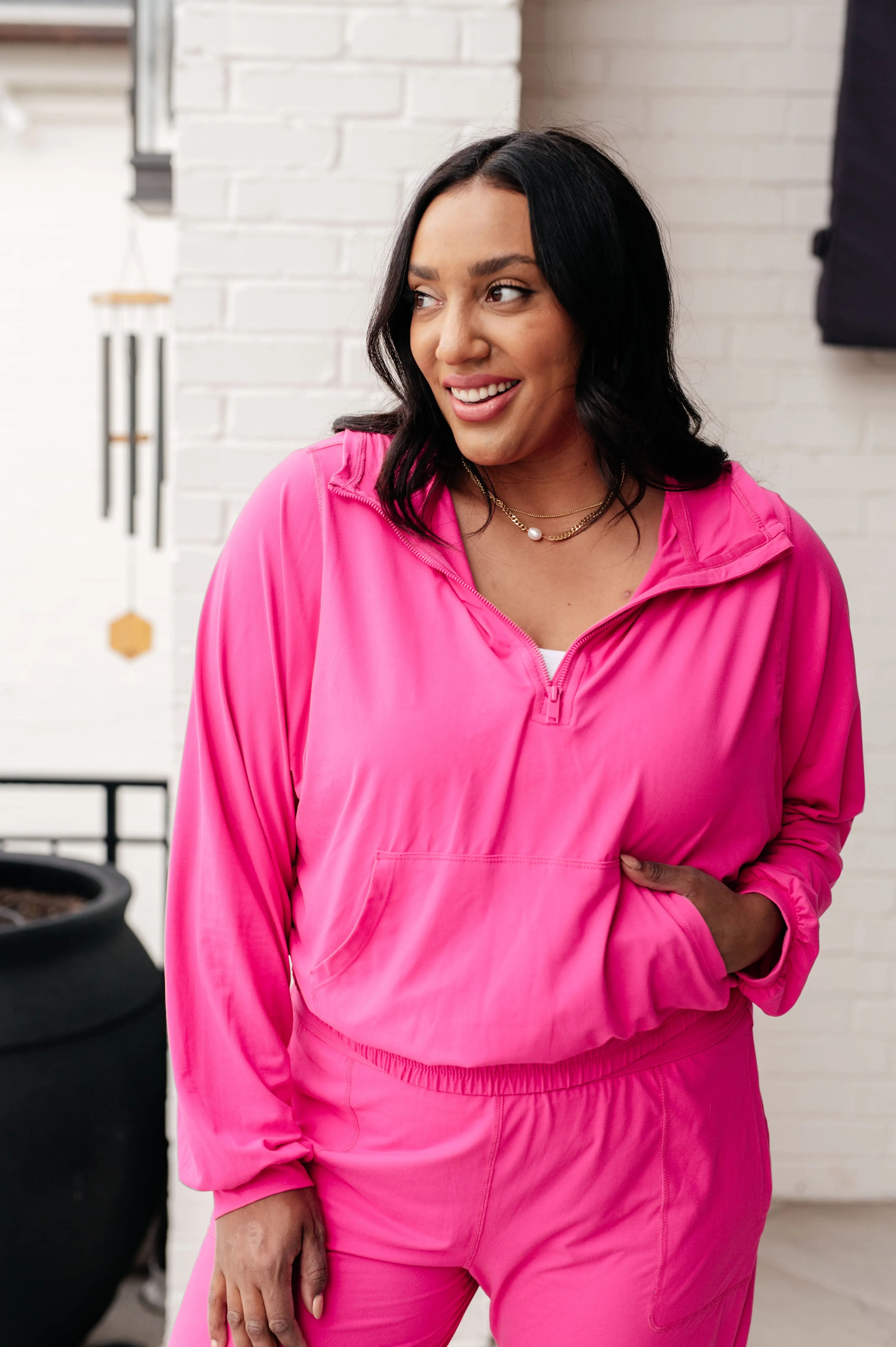 Morning Run Half Zip Hoodie for Women - Lightweight Fleece Pullover in Sonic Pink | Gym, Jogging & Outdoor Activities