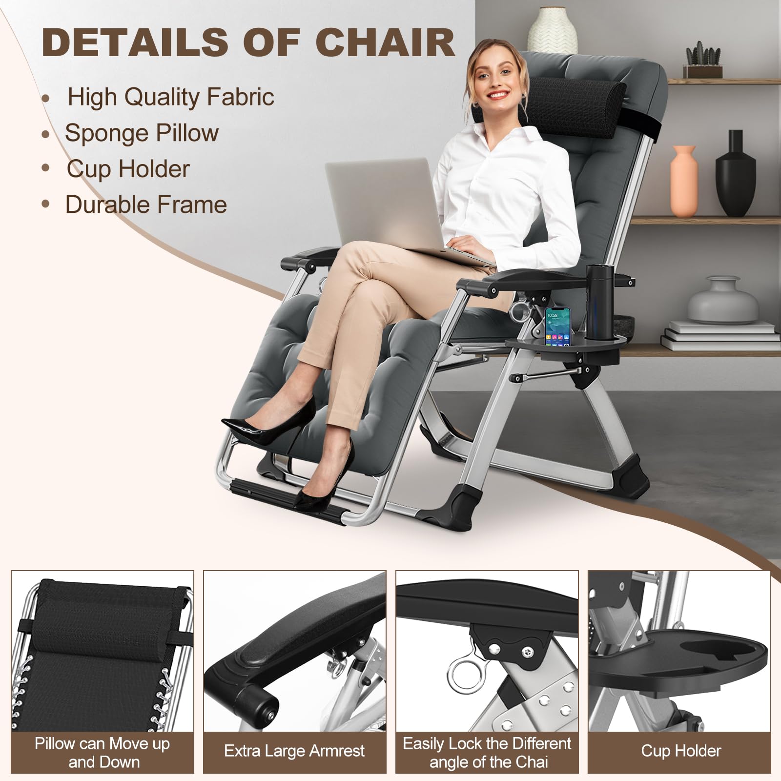 DoCred Comfortable Folding Recliner Chair with Removable Cushion - Indoor Outdoor Lounge Chair for Bedroom, Living Room & Patio - Perfect for Relaxing, Sunbathing and Reading