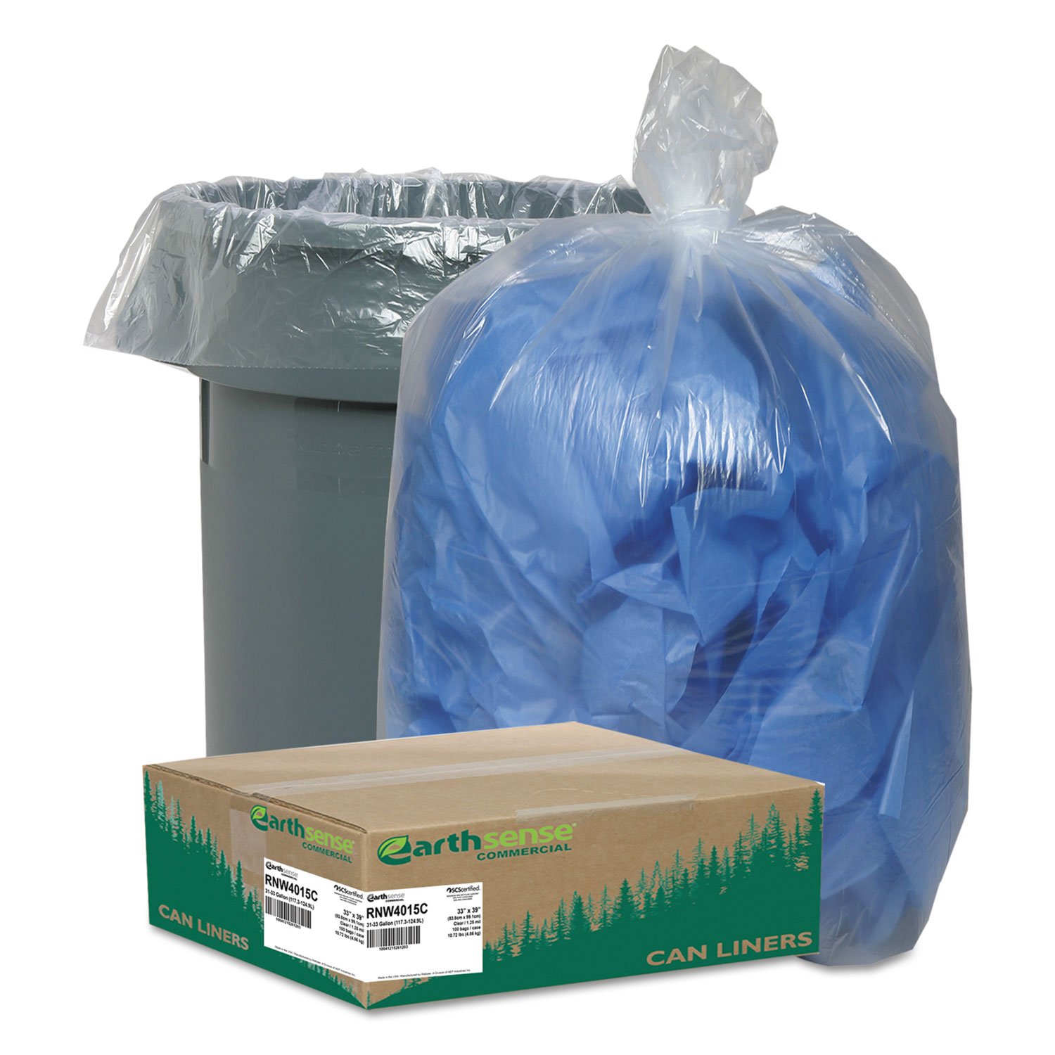 Earthsense Commercial Clear Recycled Trash Bags 55-60 Gallon, 1.5 Mil Thickness, 100 Count - Eco-Friendly Can Liners for Commercial Kitchens, Offices & Recycling Centers