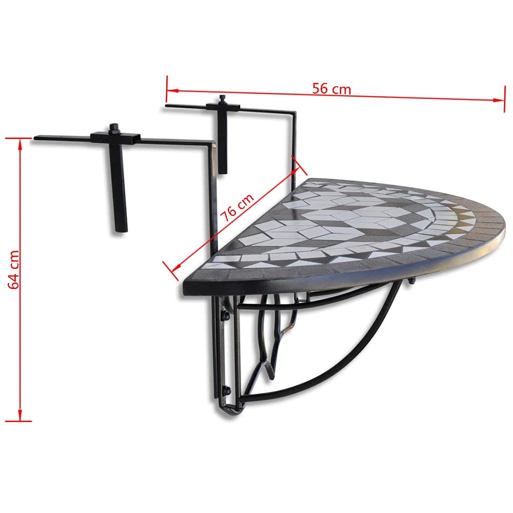 Foldable Hanging Balcony Table - Semi-Circular Outdoor Furniture for Backyard, Lawn, Poolside & Patio - Space-Saving Black & White Mosaic Design - Perfect for Small Spaces, Apartment Living & Outdoor Relaxation