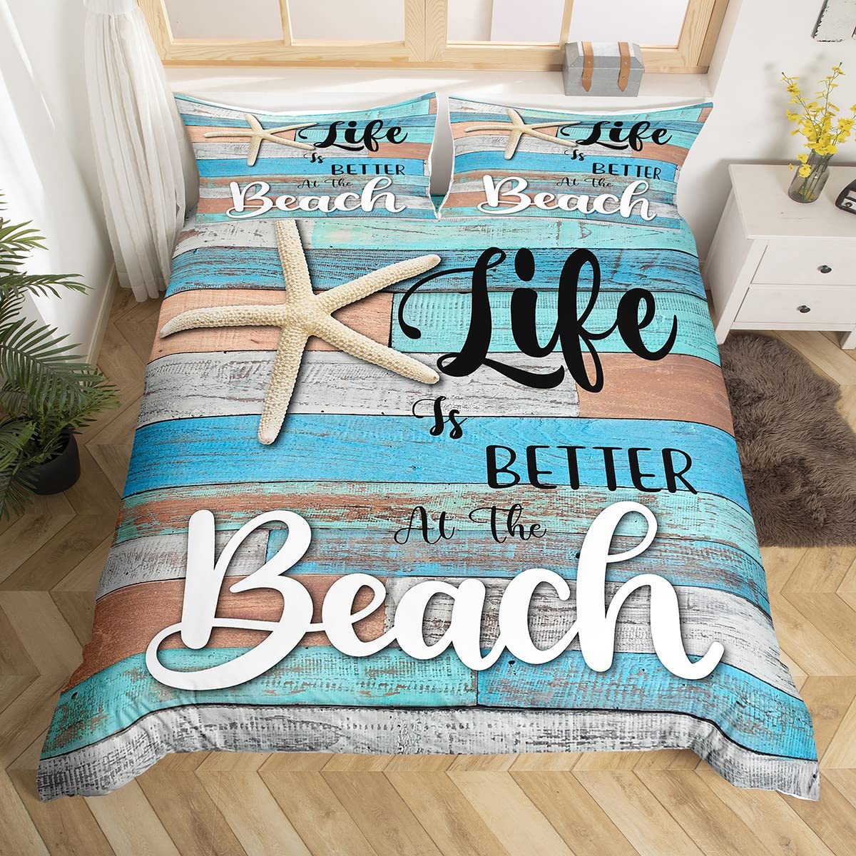 Manfei Beach Starfish Duvet Cover Set Twin Size - Coastal Themed Rustic Farmhouse Bedding with 1 Pillowcase, Plank Print Design for Kids Boys Teens (2pc Set, Comforter Not Included) - Perfect for Beach House Decor, Summer Bedroom Makeover & Vacation Home Styling