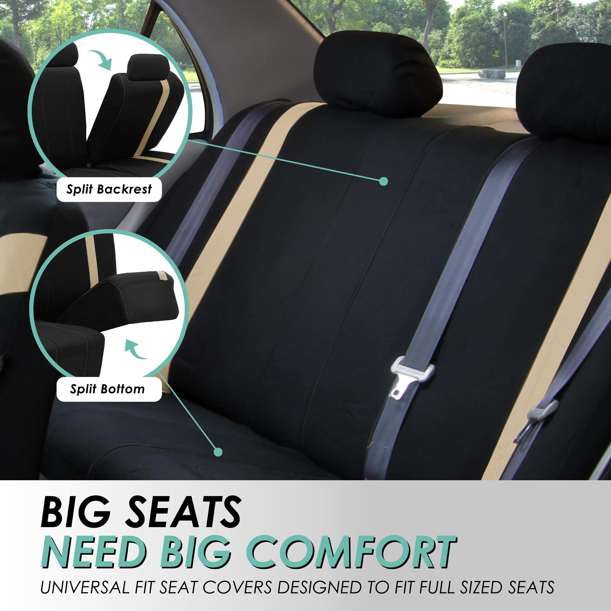Premium FH Group Cosmopolitan Flat Cloth Full Set Car Seat Covers - Universal Fit for Cars, Trucks & Vans | Beige Combo with Steering Wheel Cover & Seat Belt Pads | Airbag Compatible & Split Rear Design | Perfect for Daily Commute, Road Trips & Vehicle Protection