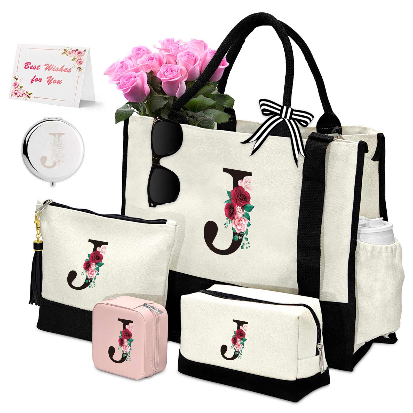 AMGKNOP Personalized Initial Canvas Tote Bag & 2 Makeup Bags Set for Women - Monogrammed Jewelry Travel Case Gift for Mom, Grandma, Teacher - Perfect for Birthday, Travel & Daily Use