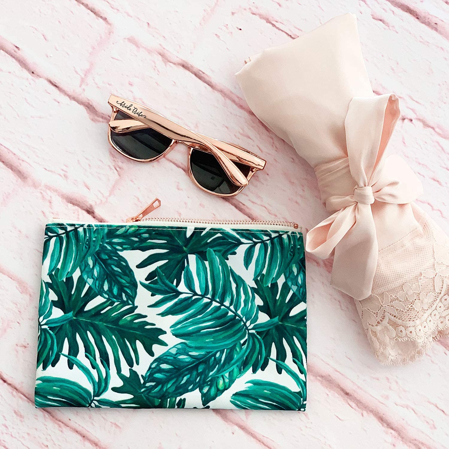 ModParty Set of 3 Palm Leaf Cosmetic Bags - Waterproof Makeup Brush Organizer & Travel Toiletry Pouch for Women | Perfect for Vacation, Gym, Beach & Daily Essentials Storage