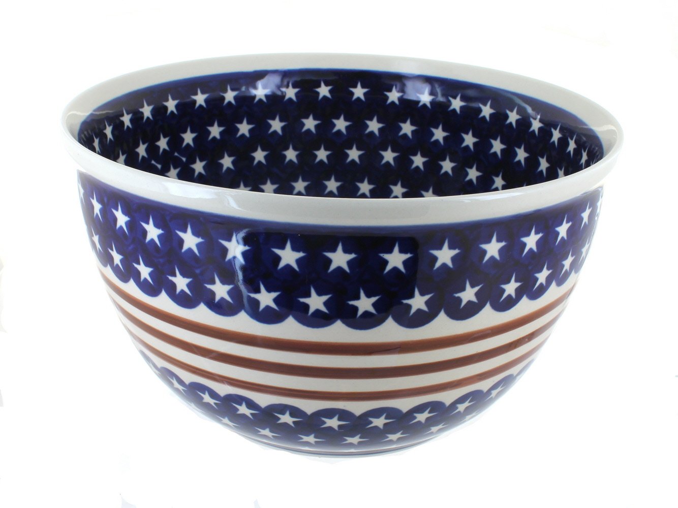Blue Rose Polish Pottery Stars & Stripes Large Mixing Bowl - Handmade Ceramic Serving Bowl for Baking, Mixing & Decorating - Perfect for Holidays, Kitchen & Dining Room Decor