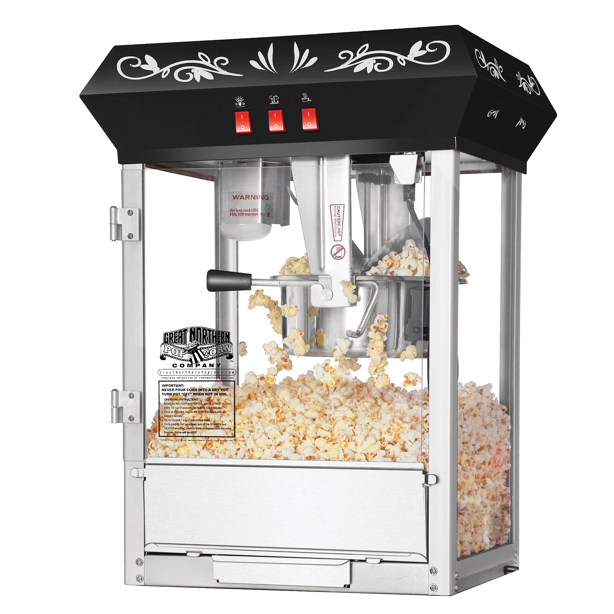 **Great Northern Popcorn 8oz Commercial Popcorn Machine with Cart - Stainless Steel Kettle, Warming Light & Accessories - Perfect for Movie Nights, Carnivals & Concessions (Black)**