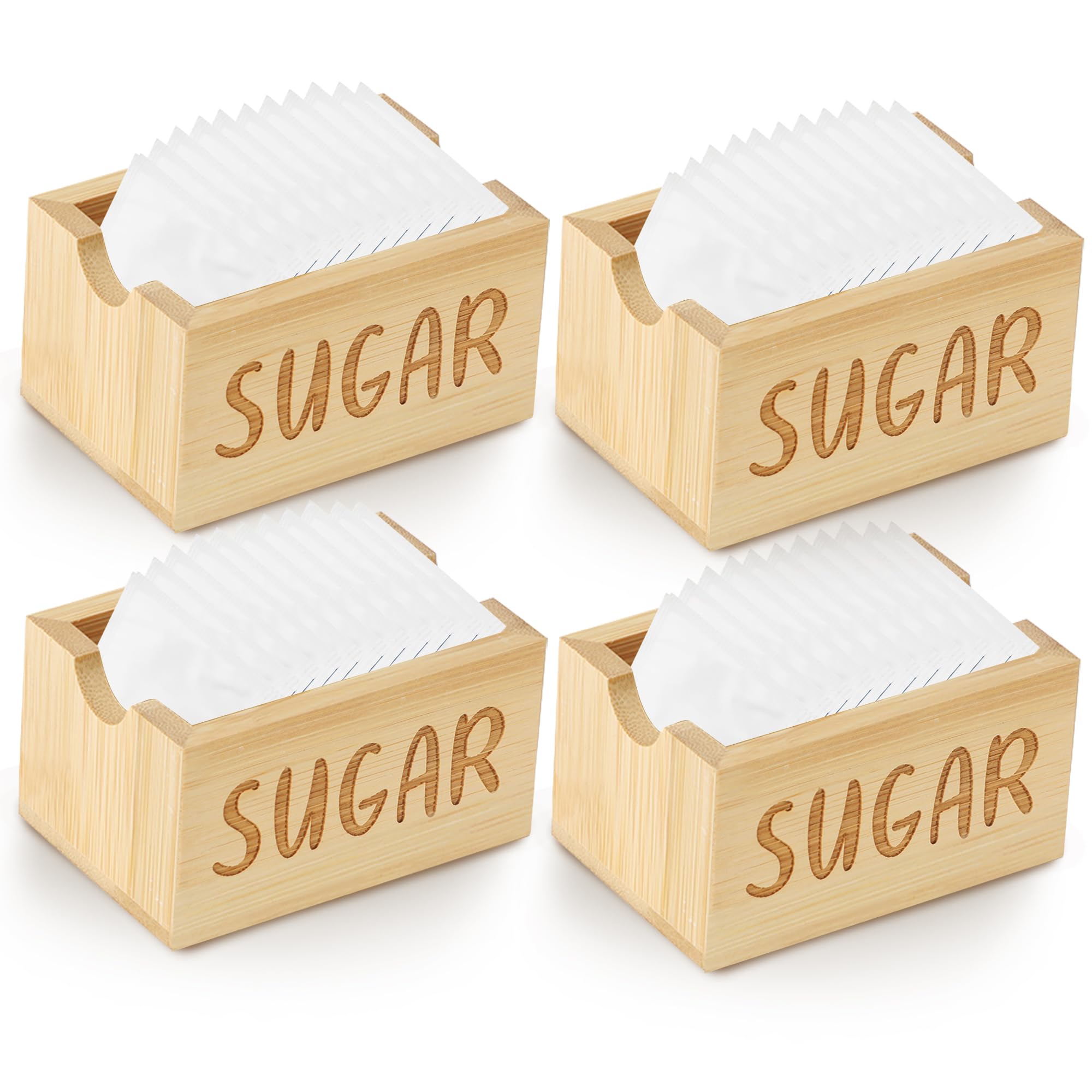 4-Piece Bamboo Sugar Packet Holder & Tea Bag Organizer - Compact Coffee Caddy for Counter, Drawer, Coffee Bar, Home & Restaurant Use - Perfect for Organizing Sugar Packets, Tea Bags & Coffee Accessories