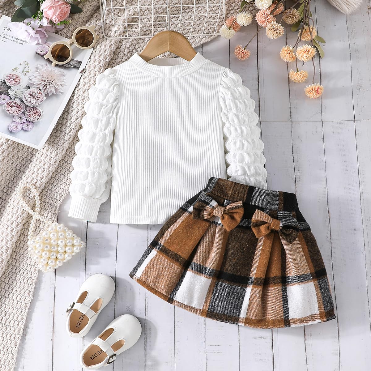 Stylish Noubeau Toddler Girls Plaid Outfits - Puff Sleeve Knit Ribbed Shirt & Plaid Skirt Set for Fall Winter | Cute Kids Clothes for School, Holidays & Family Photos