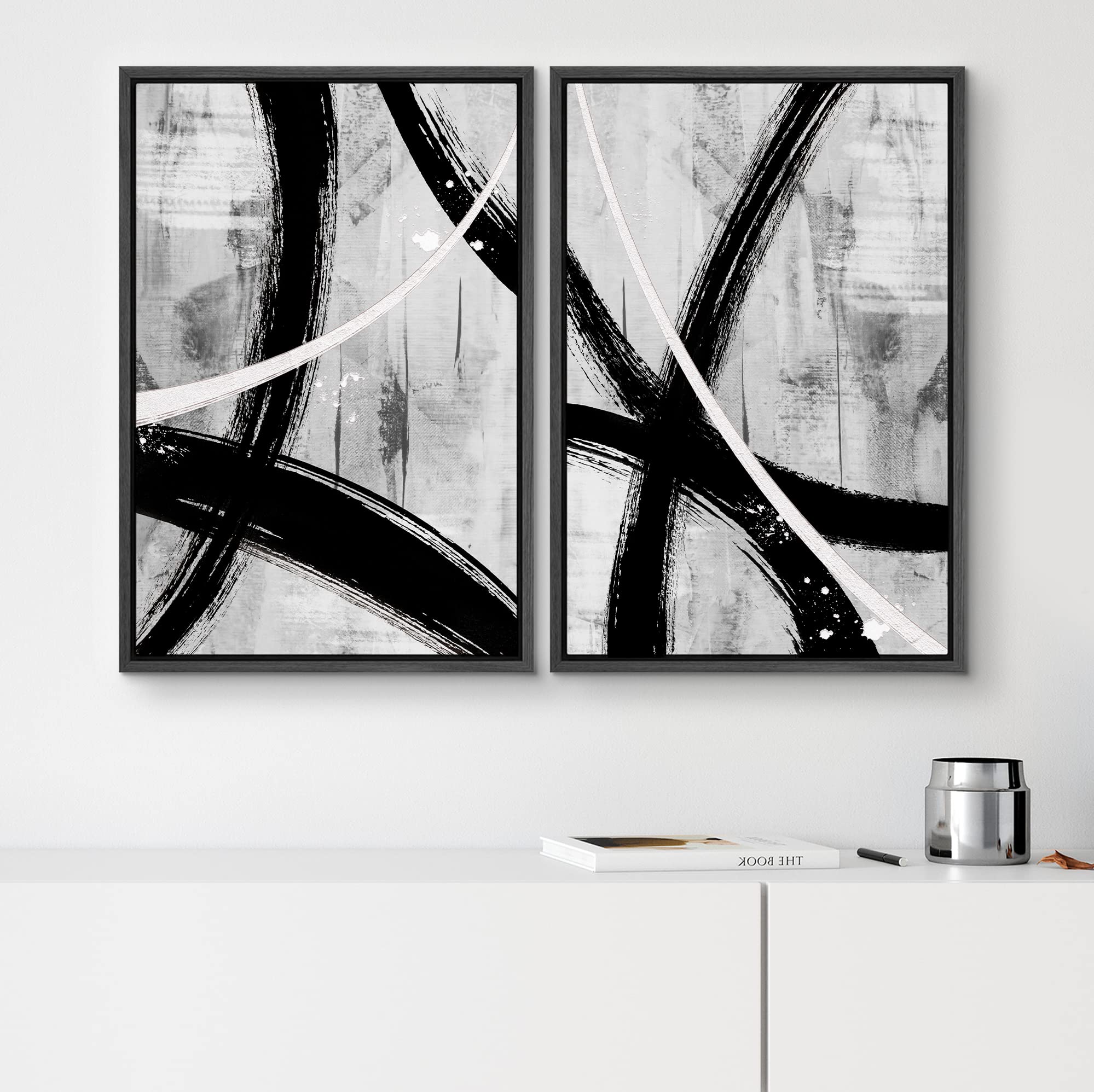 Modern Abstract Framed Canvas Wall Art Set - Black & White Paint Stroke Circle Collage Contemporary Decor for Living Room, Bedroom, Office - 16x24 Inches (Set of 2) | Perfect for Home Decor, Housewarming Gifts & Office Wall Art