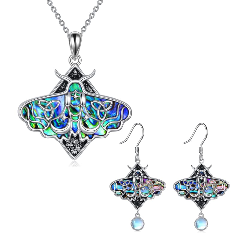 TIGER RIDER Gothic Moth Jewelry Set for Women - Sterling Silver Luna Moth Necklace & Earrings with Celtic Moon Charm - Perfect for Goth Fashion, Witchy Aesthetic & Unique Gifts for Women & Teen Girls
