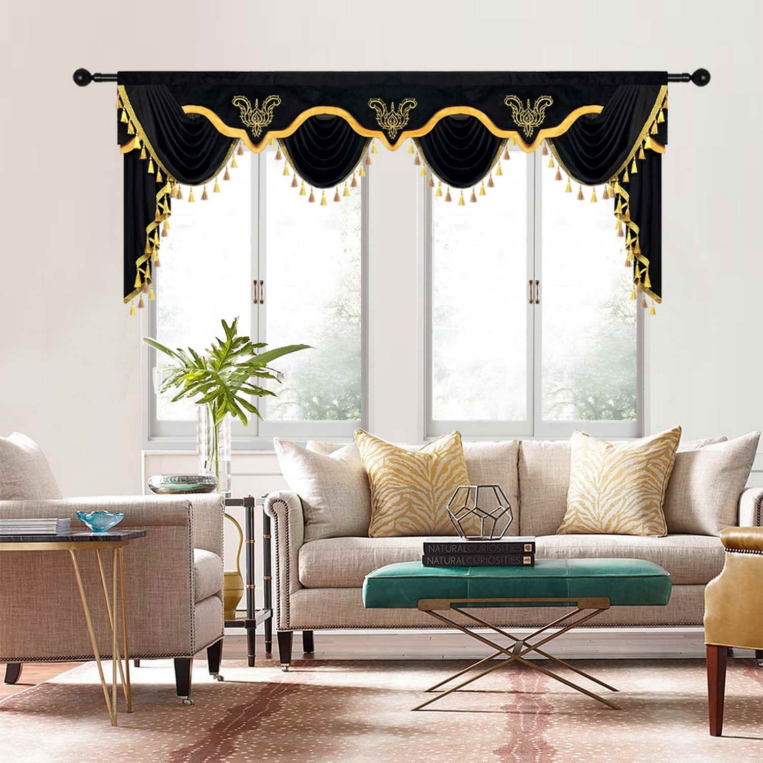 Black Velvet Curtain Valance with Gold Jacquard Trim - 110 Inch Wide Kitchen Window Valance for Living Room, Rod Pocket Top Waterfall Design | Perfect for Farmhouse Decor & Cozy Home Styling