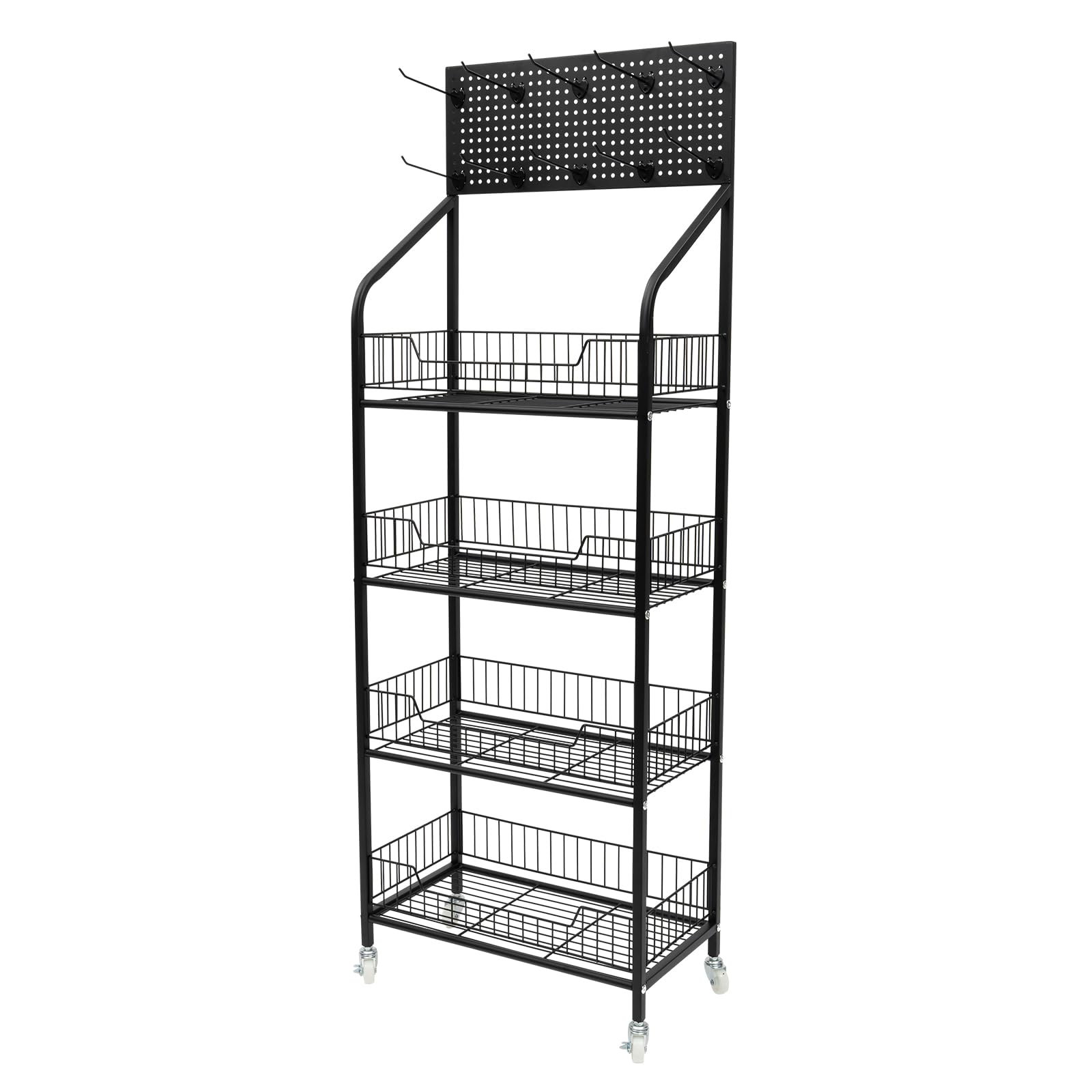 4 Tier Heavy Duty Snack Rack Organizer - Freestanding Mobile Utility Cart with 10 Hooks - 22 lbs Capacity per Tier (19.6x10.6x55 Inches, Black) - Perfect for Kitchen, Garage, Market, Bar & Retail Display Organization