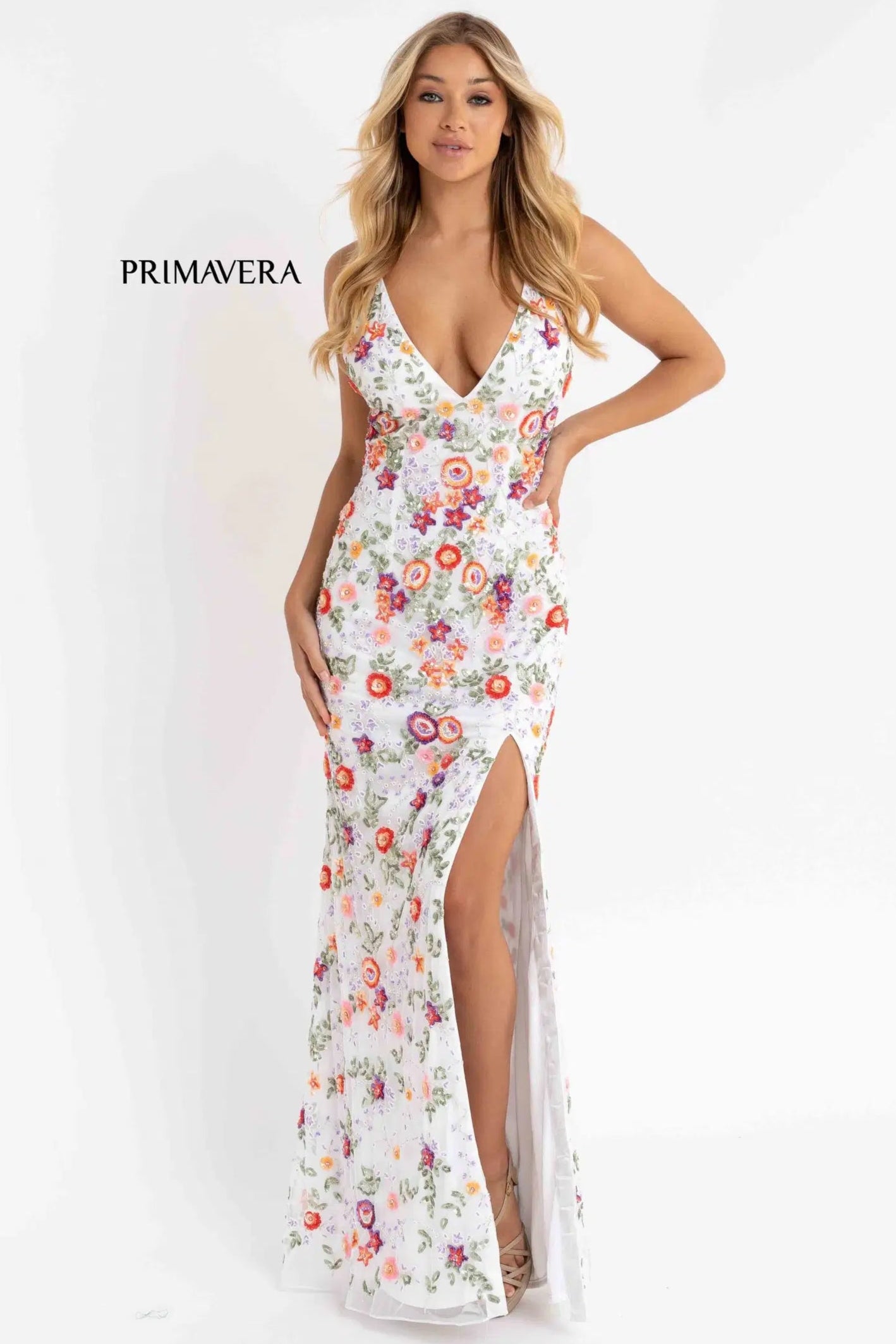 Primavera Fitted Floral Long Beaded Gown - Elegant Evening Dress for Prom, Wedding & Special Occasions