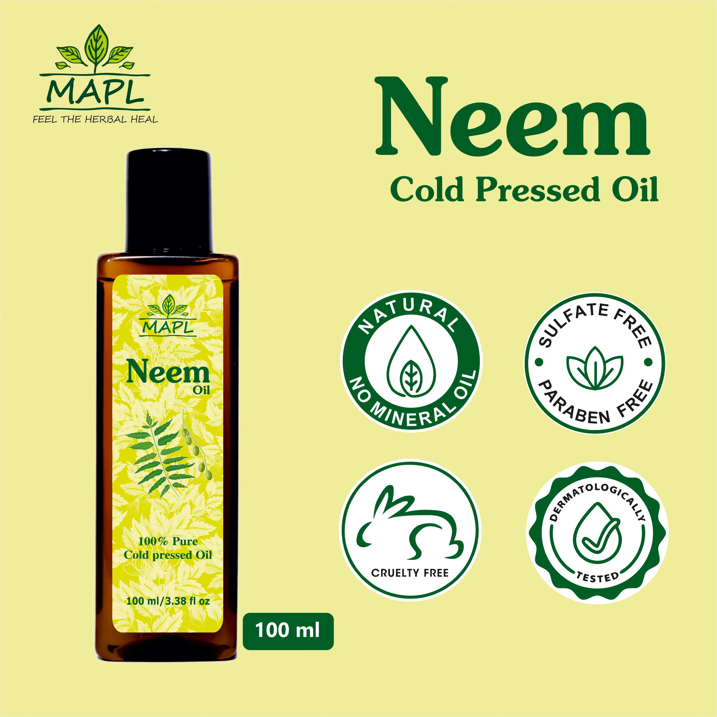 MAPL 100% Pure Cold-Pressed Neem Oil for Hair Growth, Skin Care & Body - Natural Ayurvedic Treatment for Acne, Anti-Aging, Dandruff & Fungal Infections (100ml) | Organic Hair & Skin Solution for Daily Beauty Routine