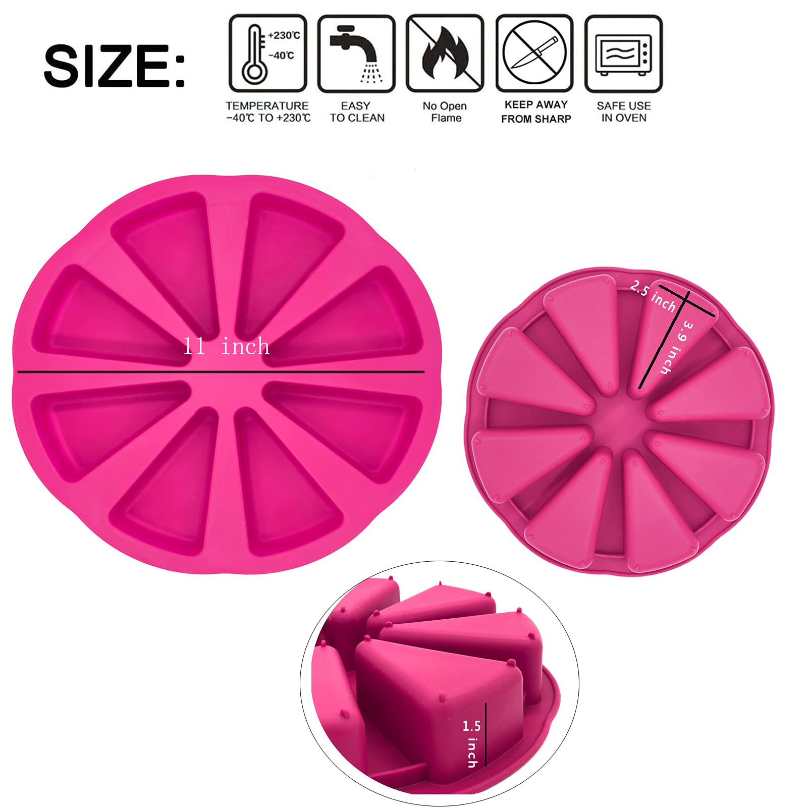 Meajore 2-Piece Silicone Baking Pan Set - 8-Cavity Triangle Cake Mold & 4-Inch Round Cake Pan for Brownies, Muffins, Cheesecake, Cornbread - Non-Stick, Flexible, Rose Red - Perfect for Home Baking, Party Desserts, and Holiday Treats