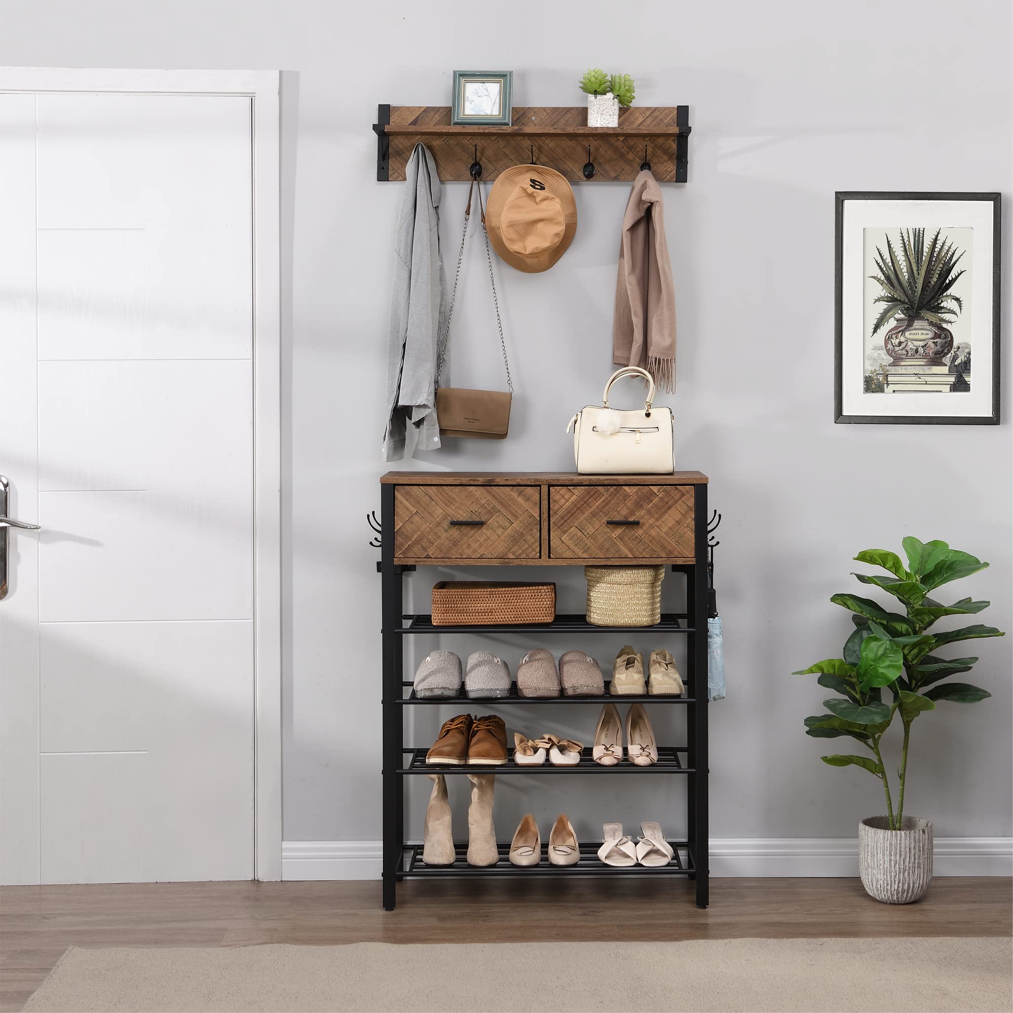 4-Tier Shoe Shelf with Drawers & Coat Rack - Entryway Shoe Storage Organizer with Hooks, Space-Saving Shoe Rack for Hallway, Closet or Mudroom (Brown) - Perfect for Small Spaces & Home Organization