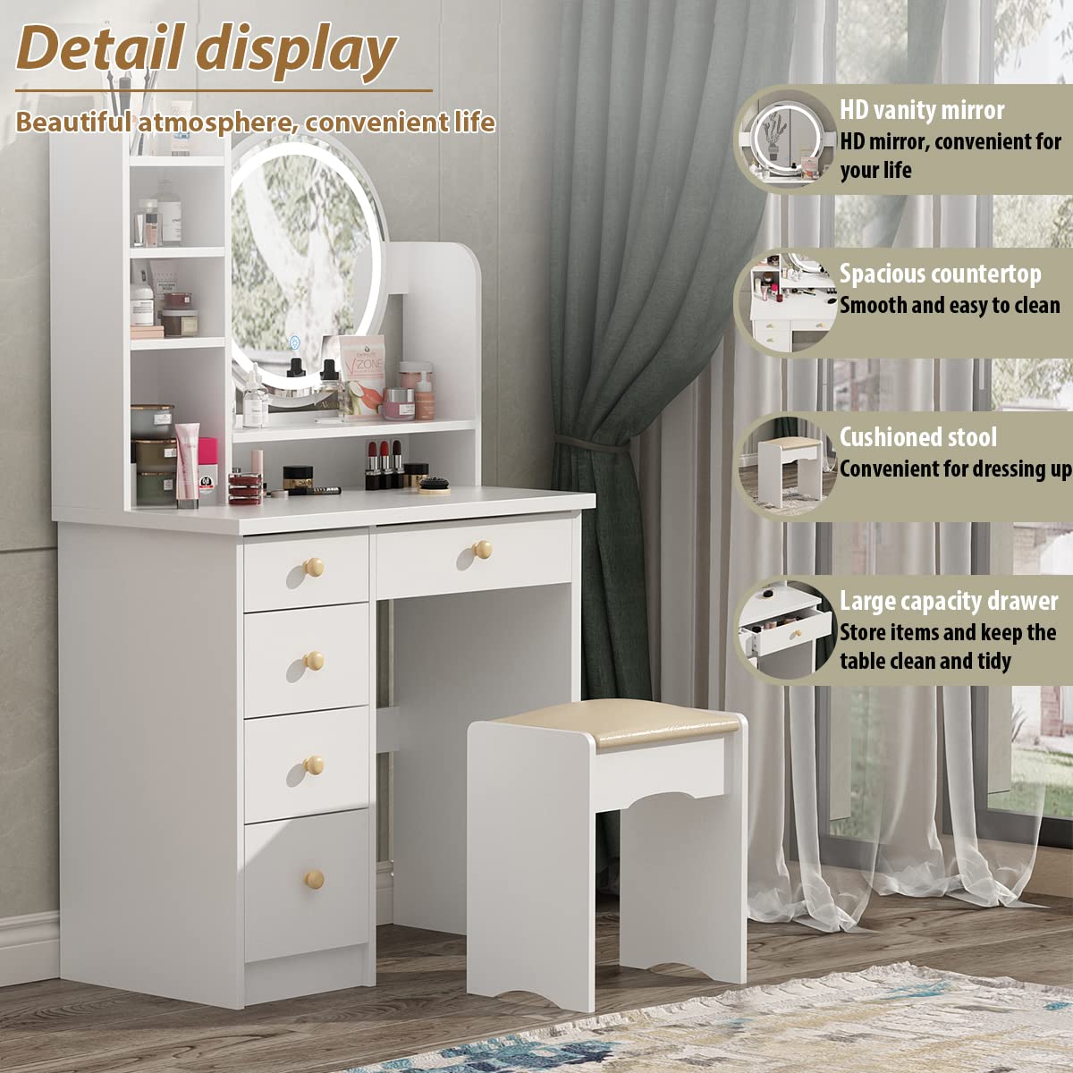 FUFU&GAGA White Vanity Set with LED Round Mirror - 5 Drawer Makeup Dressing Table, Storage Shelves & Cushioned Stool for Bedroom, Bathroom or Dressing Room - Perfect for Makeup Application, Hair Styling & Home Decor