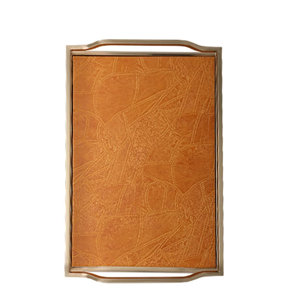 Premium Rectangular PU Leather Tray with Gold Metal Handles - Stylish Desktop Organizer & Serving Tray for Coffee, Jewelry, Keys - Perfect for Kitchen Counter, Living Room, Office & Bedroom Decor (Orange)