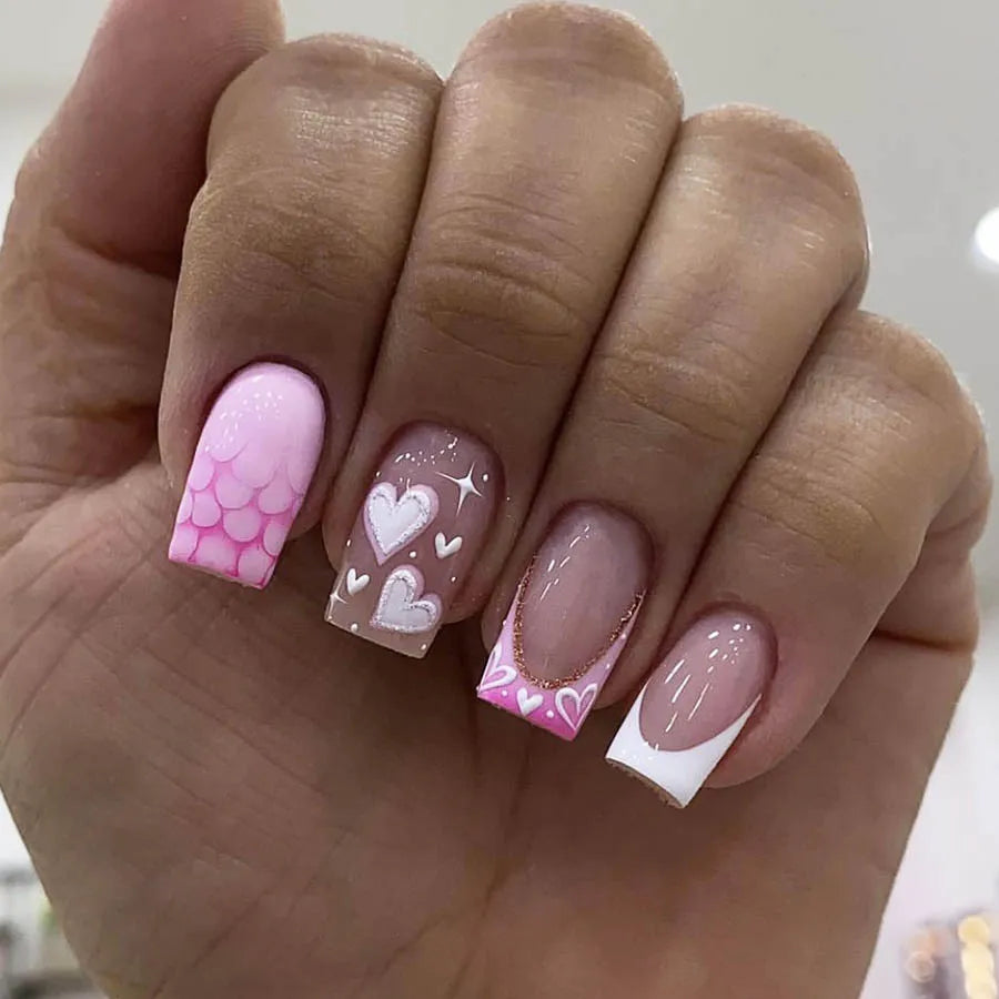 24Pc Square French Fake Nails with Heart Love Designs - Glossy White & Pink Press on Nails | Full Cover False Nails for Valentine's Day | Perfect for Parties, Weddings & Special Occasions