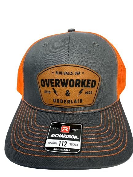 Funny Dad Hats for Men - Overworked & Underlaid Trucker Hat with Leather Patch - Perfect Fathers Day Gift from Wife - Golf & Casual Wear Hat for Men 2024 (Orange) - Great for Golfing, Father's Day Celebrations & Everyday Humor