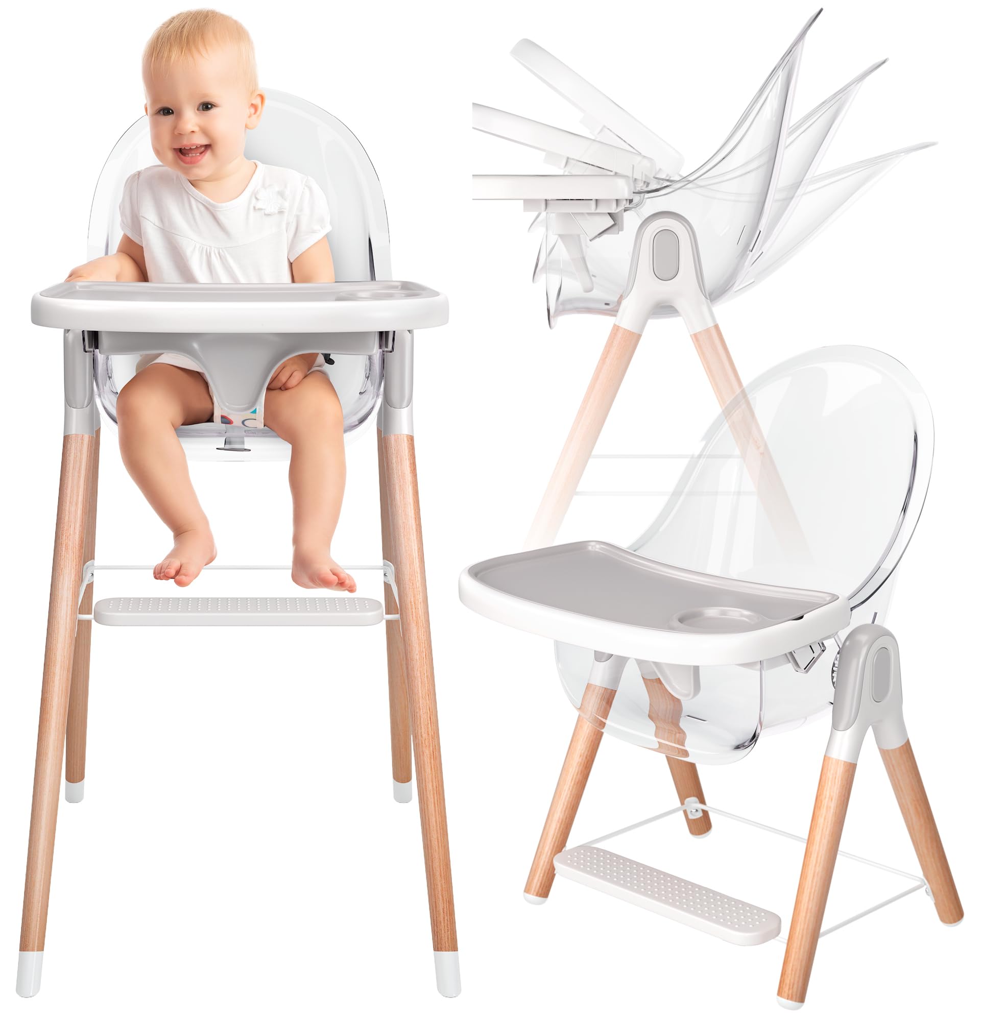 6-in-1 Deluxe Wooden High Chair for Babies & Toddlers - Modern Safe & Compact Baby Highchair with Removable Tray | 3 Adjustable Seat Positions & 2 Height Options | Easy to Clean & Assemble | Perfect for Dining, Feeding & Playtime (Clear)