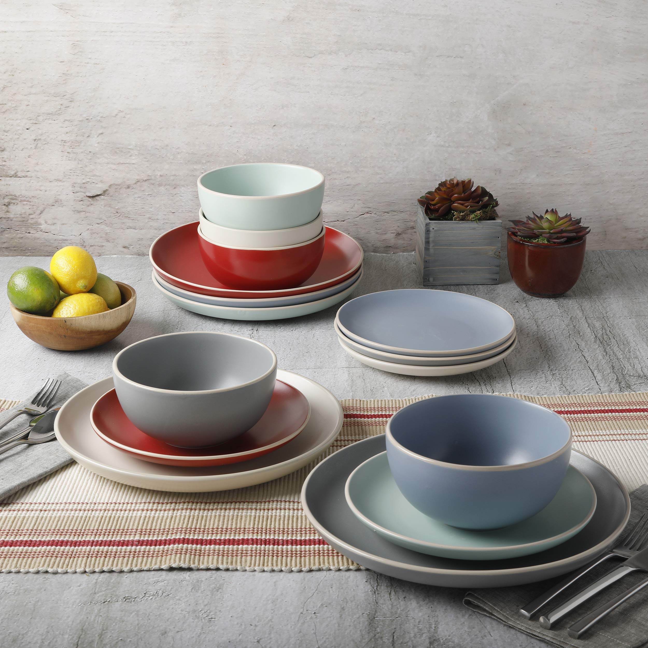 Gibson Home Rockaway Round Stoneware Dinnerware Set for 4 - 12 Piece Blue Ceramic Plates & Bowls | Elegant Table Setting for Family Dinners, Parties & Restaurant Use
