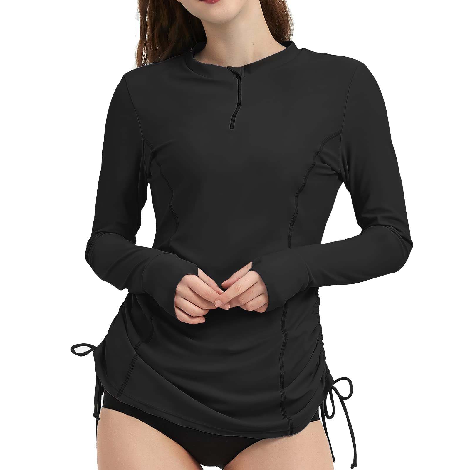 Women's Long Sleeve Rash Guard UPF 50+ Sun Protection Swim Shirt - Half Zip Adjustable Swimsuit Top for Surfing, Swimming & Beach Activities