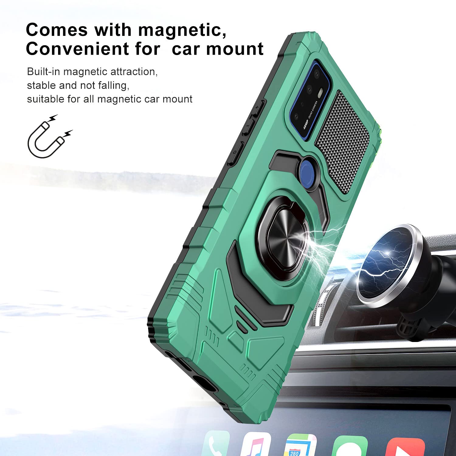 Premium Shockproof Case for Alcatel TCL 4X 5G (T601DL) with Tempered Glass Screen Protector [2-Pack] - Heavy Duty Drop Protection, 360° Magnetic Ring & Kickstand - Green | Perfect for Outdoor Activities, Work & Daily Use