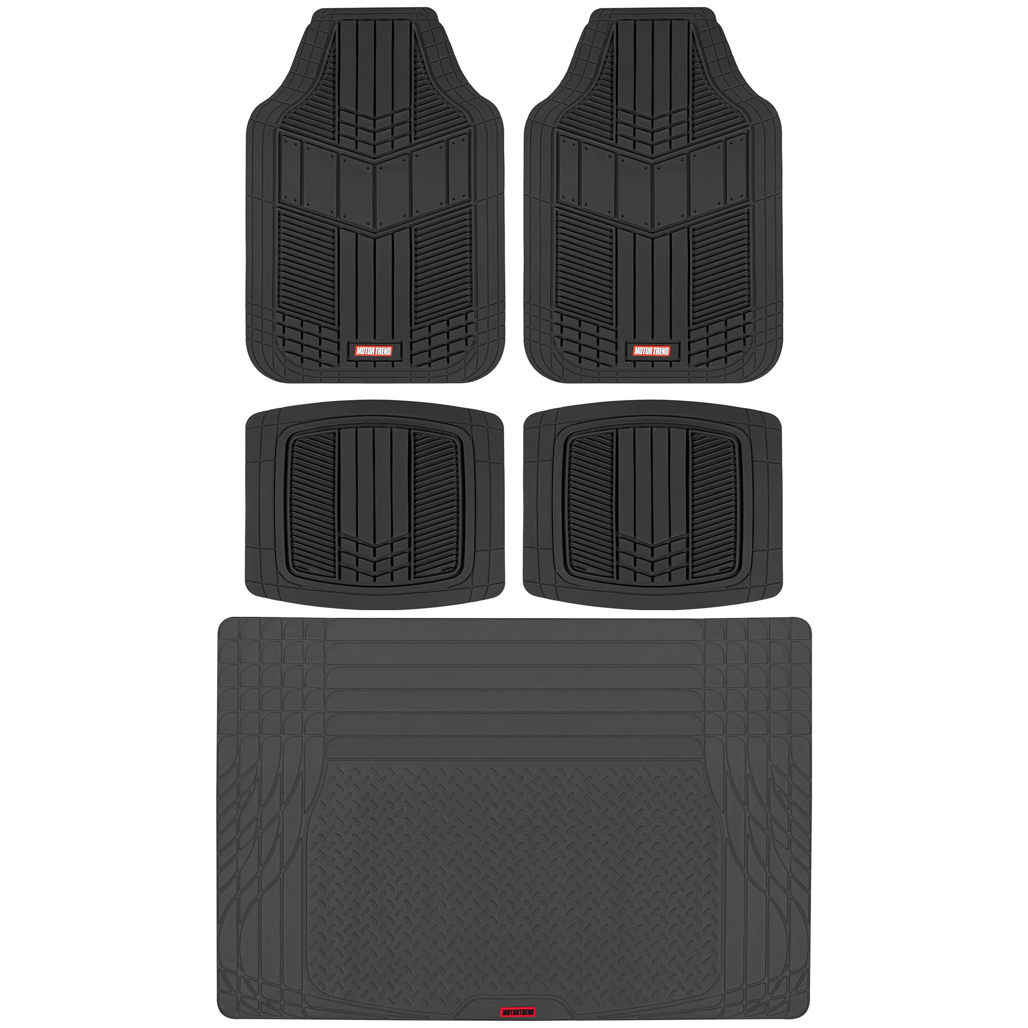 Motor Trend FlexTough Black All-Weather Floor Mats Set - Heavy Duty Rubber Car Mats for SUV, Van & Sedan with Cargo Liner | Front & Rear Seat Protection | Perfect for Winter Snow, Mud & Spills